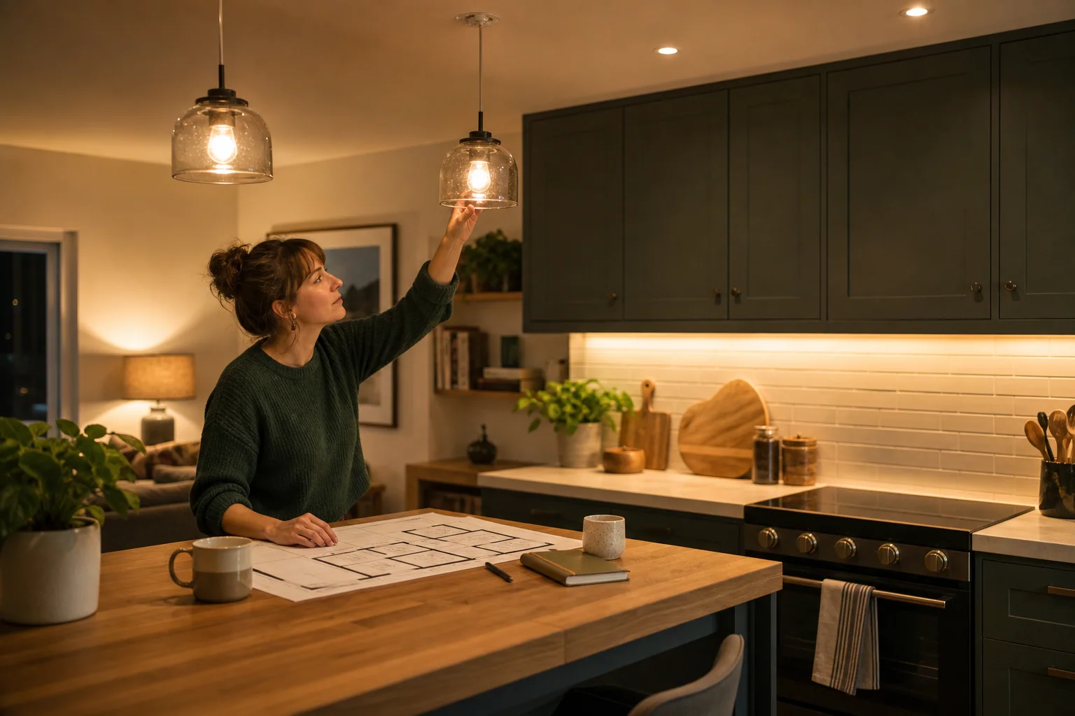 Keuken met functionele werkverlichting en warme sfeerverlichting