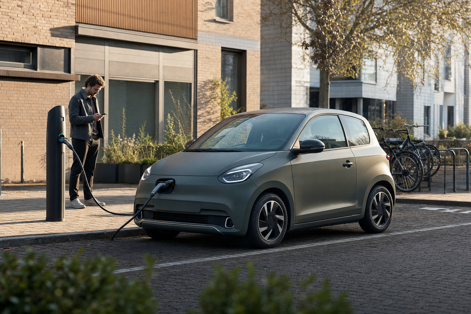Bestuurder controleert het laden van een compacte elektrische auto in een woonwijk